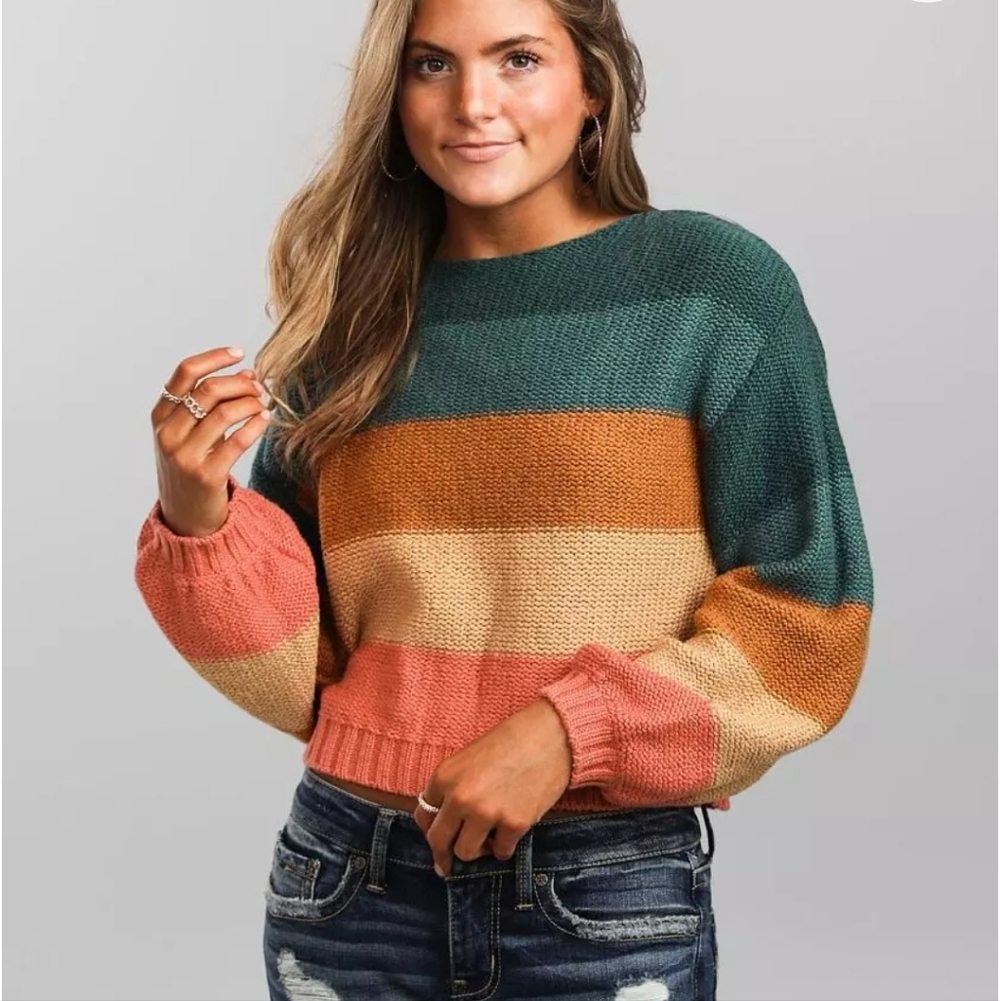 Billabong Seeing Stripes Evergreen Cropped Sweater M - Boho Earthy Knit